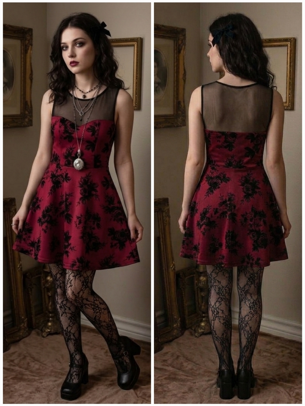 Trixxi M Y2K Dark Romantic Whimsigoth Fairy Grunge Velvet Mesh Mini Skater Dress